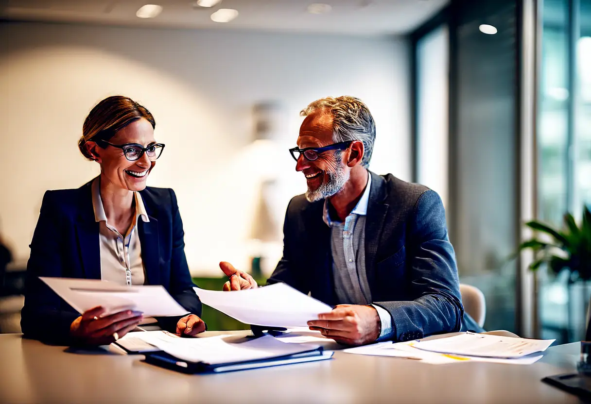 A professional consultation session between a consultant and a client in an office.
