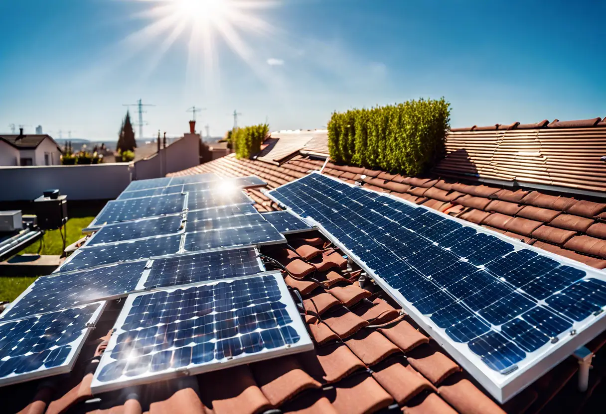 A residential rooftop with newly installed solar panels under a clear blue sky.