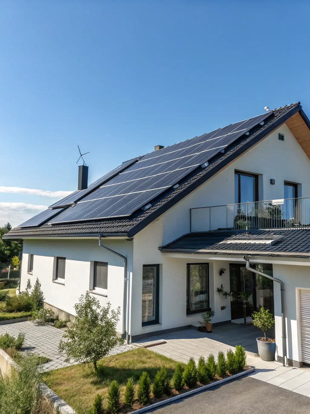 A modern rooftop solar panel installation on a residential home with clear branding of top manufacturers, showcasing Photovoltaic Installations.