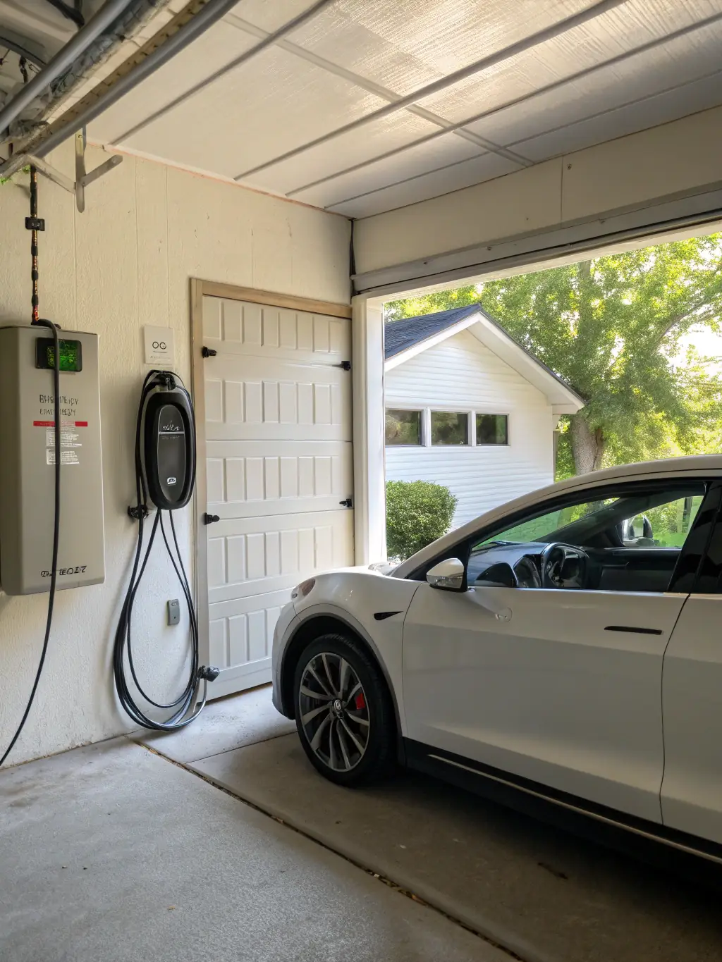 An electric car charging station installed in a modern garage with a Tesla vehicle connected, illustrating Electric Vehicle Chargers.