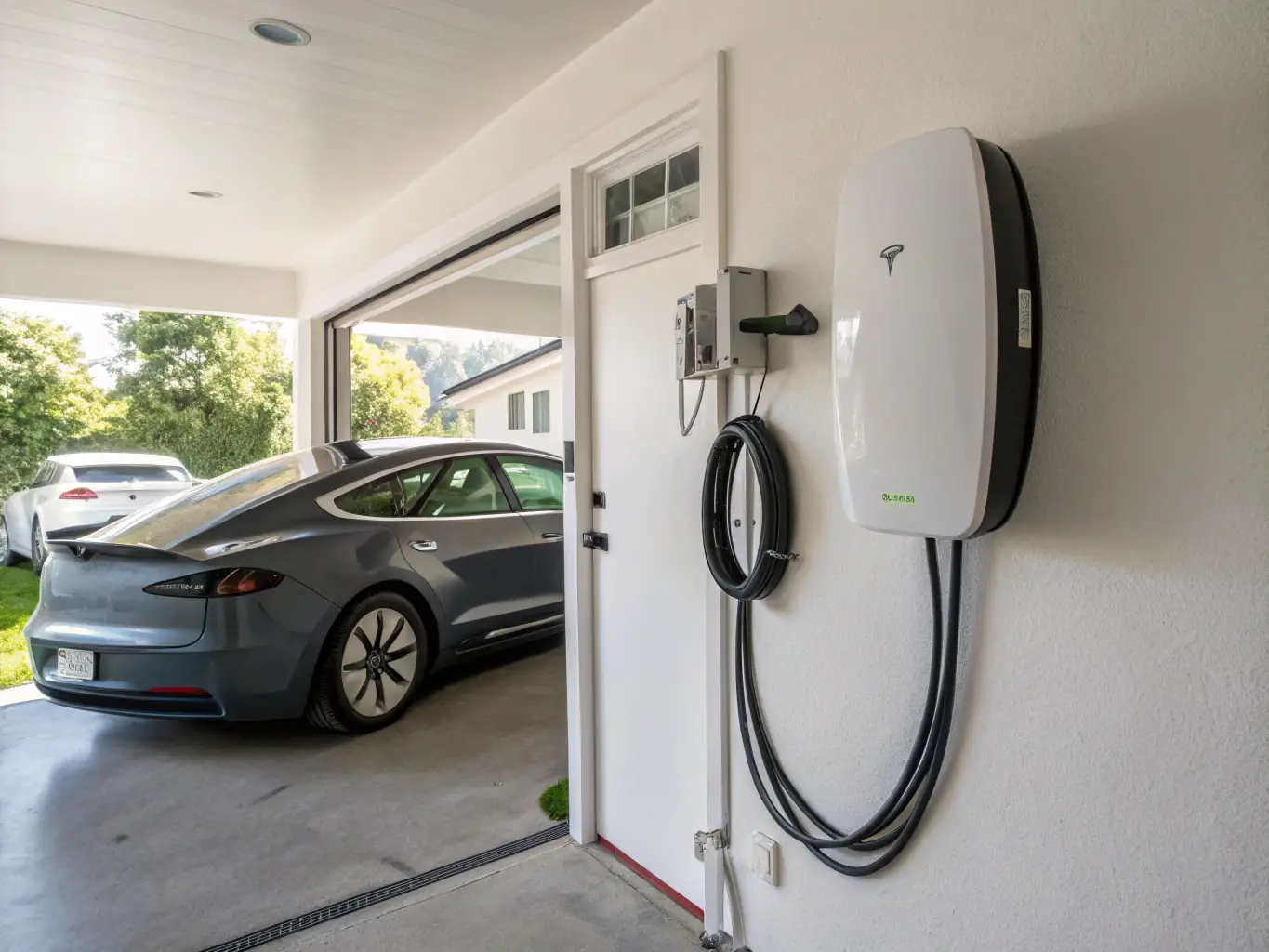 A Tesla Wall Connector installed on a home's exterior wall, next to a parked electric vehicle, illustrating convenient and fast charging.